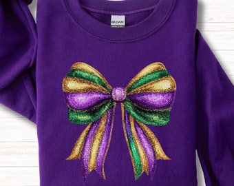 Mardi Gras Bow Sweatshirt; Coquette Aesthetic Crewneck Sweatshirt; Chic NOLA Sweater with Large Faux Glitter Bow; Carnival Season Pullover