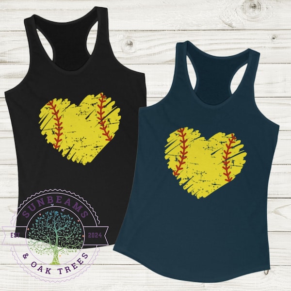 Softball Tank Top; Womens Basic Racerback Tank Top; Distressed Heart Shirt; Sports Mom, Softball Lover Top; Simple Travel Ball Summer Shirt
