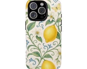 Capa para iPhone com estampa de limão italiano, aquarela de frutas cítricas e azulejos azuis estilo fazenda.