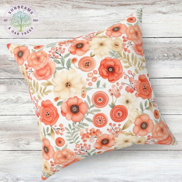 Flower Pillow; Pink, Peach, & Coral Washable Pillow Cover; Fresh Spring Style; Waterproof and UV Resistant Outdoor Floral Pillow