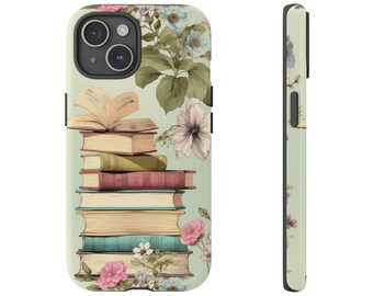 Funda para teléfono estilo cottagecore: Libros vintage y diseño floral