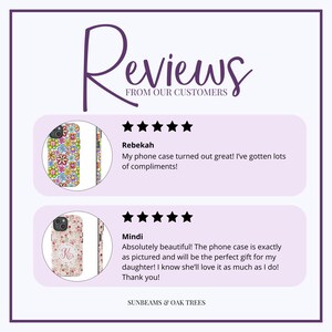 Puede incluir: Dos rese&ntilde;as de clientes para fundas de tel&eacute;fono con dise&ntilde;os florales. La primera rese&ntilde;a es de Rebekah y dice "&iexcl;Mi funda de tel&eacute;fono result&oacute; genial! He recibido muchos cumplidos!" La segunda rese&ntilde;a es de Mindi y dice "&iexcl;Absolutamente hermosa! La funda de tel&eacute;fono es exactamente como se ve en la imagen y ser&aacute; el regalo perfecto para mi hija! &iexcl;S&eacute; que le encantar&aacute; tanto como a m&iacute;! &iexcl;Gracias!"
