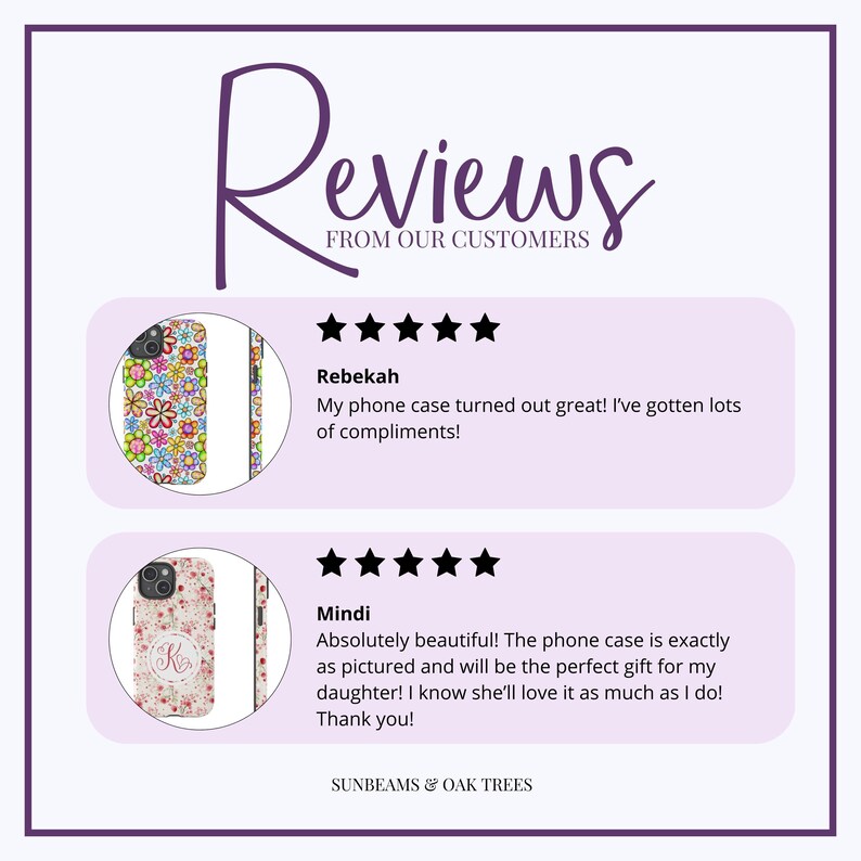 Puede incluir: Dos rese&ntilde;as de clientes para fundas de tel&eacute;fono con dise&ntilde;os florales. La primera rese&ntilde;a es de Rebekah y dice "&iexcl;Mi funda de tel&eacute;fono result&oacute; genial! He recibido muchos cumplidos!" La segunda rese&ntilde;a es de Mindi y dice "&iexcl;Absolutamente hermosa! La funda de tel&eacute;fono es exactamente como se ve en la imagen y ser&aacute; el regalo perfecto para mi hija! &iexcl;S&eacute; que le encantar&aacute; tanto como a m&iacute;! &iexcl;Gracias!"