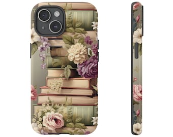 Funda para teléfono con libros y flores estilo cottagecore, estilo biblioteca vintage