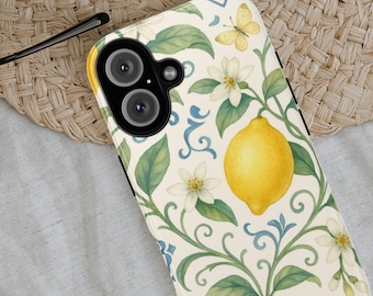 Capa para iPhone com limão italiano, capa para celular com estampa cítrica e aquarela, estética de fazenda com azulejos azuis, capa para iPhone 16 com estampa de verão em Amalfi, presente floral para ela