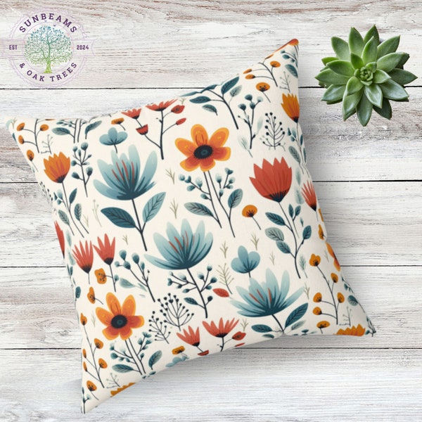 Mid-Century Modern Abstract Floral Pillow Cover, Indoor, or Outdoor Pillow; Water & UV Resistant Accent Pillow; Blue, Orange, and Red Pillow