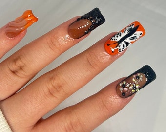 Luxury Butterfly Gem Set| Gem Press Ons| Long Square PressOns| Orange Press Ons| Orange French Press Ons| Black Press Ons| Butterfly Nails |