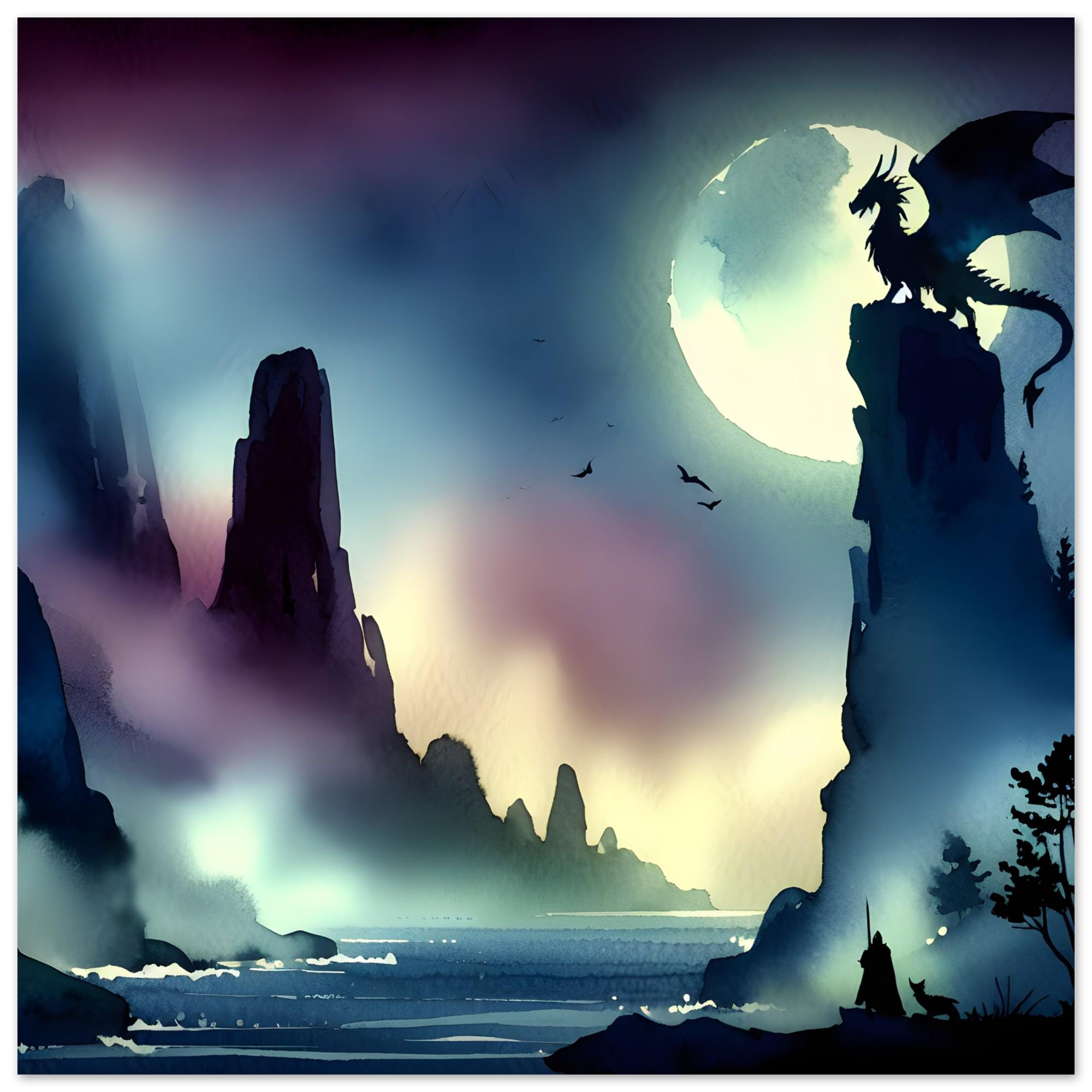 Watcher in the Valley | Dragon Art Print | Dragon Lover Print | Dragon, Warrior & Dog Silhouette Wall Decor | Wall Art Print Home Decor