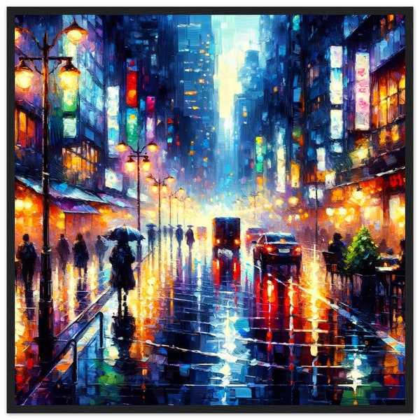 Impressionistic City Street Night Scene: Vibrant Rainy Evening Framed Print with Luminous Reflections