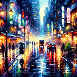 DIGITAL PRINT | Impressionistic City Street Night Scene: Vibrant Rainy Evening Printable