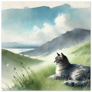 Cat on Grassy Hill Watercolor Art | Peaceful Nature Scene Painting | Peaceful Cat Decor |  Wall Art Print Home Decor