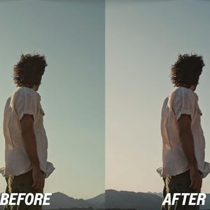 May include: A person stands outdoors, facing away from the camera, with a mountain range in the background. The person wears a white shirt and olive-green pants. The words "BEFORE" and "AFTER" are displayed at the bottom of the image.