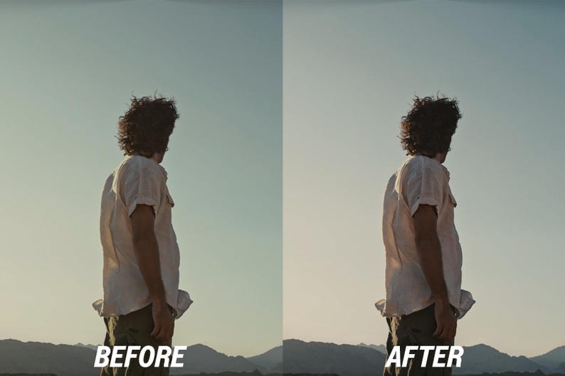 May include: A person stands outdoors, facing away from the camera, with a mountain range in the background. The person wears a white shirt and olive-green pants. The words "BEFORE" and "AFTER" are displayed at the bottom of the image.