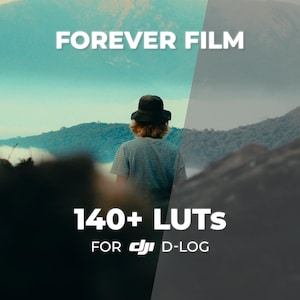 Könnte beinhalten: Eine digitale Produktwerbung mit dem Text FOREVER FILM, 140+ LUTs und FOR DJI D-LOG. Das Bild zeigt einen geteilten Bildschirm mit einer Berglandschaft und einer Person, die einen Hut und ein gestreiftes T-Shirt in der Mitte trägt.