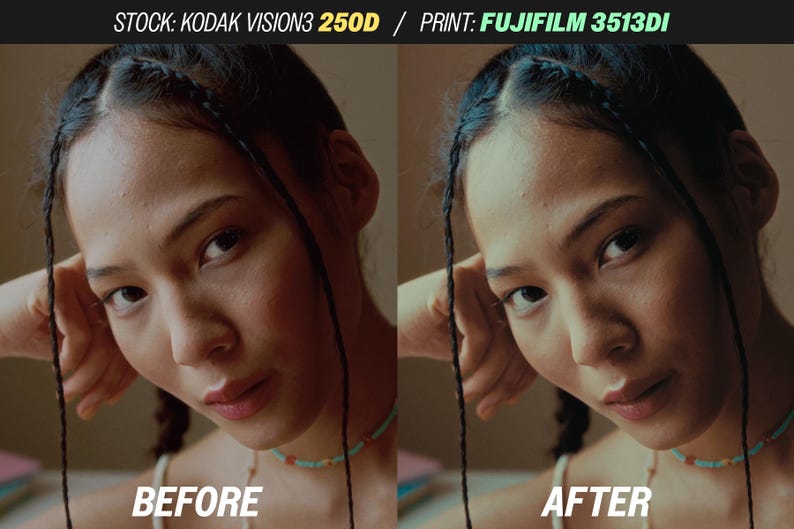 Puede incluir: Imagen dividida que muestra el rostro de una mujer antes y despu&eacute;s de una edici&oacute;n fotogr&aacute;fica. La imagen "ANTES" est&aacute; a la izquierda y la imagen "DESPU&Eacute;S" a la derecha. La mujer tiene el pelo oscuro en trenzas, una camiseta blanca y un collar turquesa.