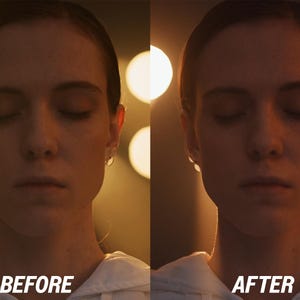 May include: Split image showing a woman's face with closed eyes, comparing lighting effects. The left side is labeled "BEFORE," and the right side is labeled "AFTER." The background features soft, warm lighting.