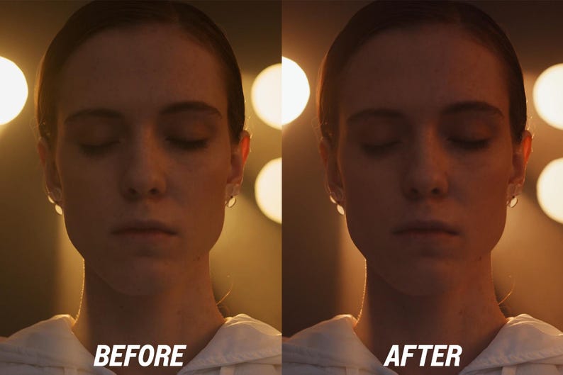May include: Split image showing a woman's face with closed eyes, comparing lighting effects. The left side is labeled "BEFORE," and the right side is labeled "AFTER." The background features soft, warm lighting.