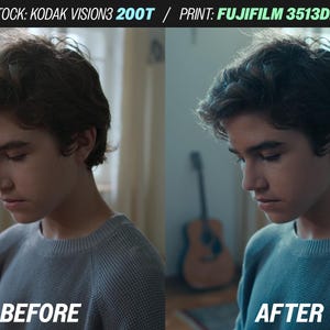 May include: Split image showing a person in a gray sweater before and after color correction. The "BEFORE" image is on the left, the "AFTER" image on the right. Text at the top reads "STOCK: KODAK VISION3 200T / PRINT: FUJIFILM 3513DI".