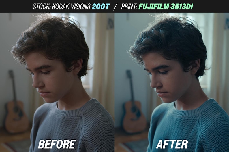 May include: Split image showing a person in a gray sweater before and after color correction. The "BEFORE" image is on the left, the "AFTER" image on the right. Text at the top reads "STOCK: KODAK VISION3 200T / PRINT: FUJIFILM 3513DI".