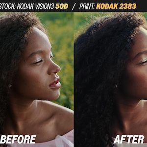 May include: Side-by-side portraits of a person with dark curly hair, one labeled "BEFORE" and the other "AFTER." The images show a woman with closed eyes and a soft pink top. The text at the top reads "STOCK: KODAK VISION3 50D / PRINT: KODAK 2383."