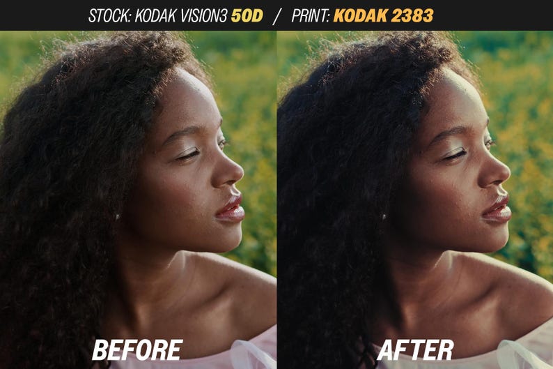 May include: Side-by-side portraits of a person with dark curly hair, one labeled "BEFORE" and the other "AFTER." The images show a woman with closed eyes and a soft pink top. The text at the top reads "STOCK: KODAK VISION3 50D / PRINT: KODAK 2383."