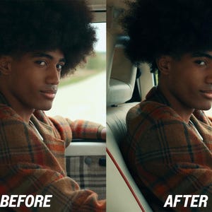 May include: A before and after image of a person in a car. The person is wearing a brown plaid jacket. The text "BEFORE" is at the bottom left, and "AFTER" is at the bottom right.