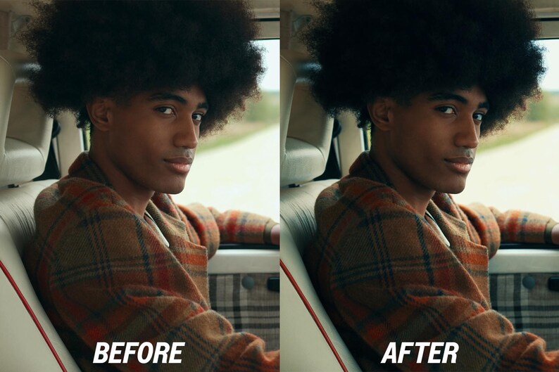 May include: A before and after image of a person in a car. The person is wearing a brown plaid jacket. The text "BEFORE" is at the bottom left, and "AFTER" is at the bottom right.