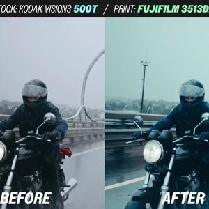 Puede incluir: Imagen comparativa de un motociclista en un puente bajo la lluvia. El motorista lleva casco y ropa oscura. La moto tiene un faro redondo. Los textos "ANTES" y "DESPU&Eacute;S" son visibles.