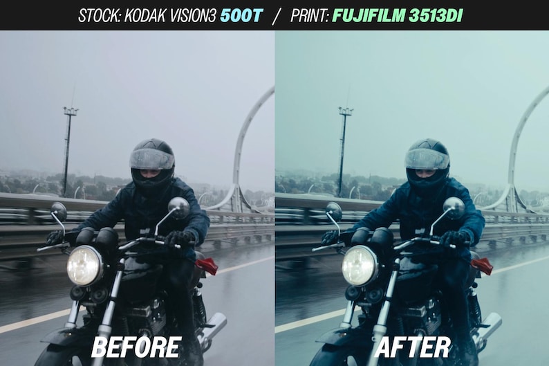 Puede incluir: Imagen comparativa de un motociclista en un puente bajo la lluvia. El motorista lleva casco y ropa oscura. La moto tiene un faro redondo. Los textos "ANTES" y "DESPU&Eacute;S" son visibles.