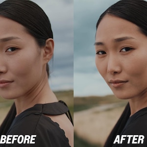 May include: A split image shows a woman's face with the text "BEFORE" on the left and "AFTER" on the right. The woman has dark hair pulled back, and is wearing a black top. The "AFTER" image shows a slightly darker skin tone.
