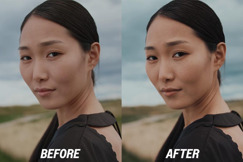 May include: A split image shows a woman's face with the text "BEFORE" on the left and "AFTER" on the right. The woman has dark hair pulled back, and is wearing a black top. The "AFTER" image shows a slightly darker skin tone.