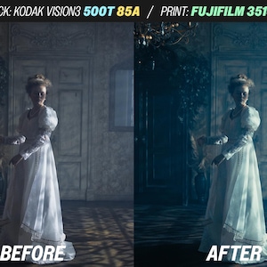 May include: A split image showing a woman in a white dress in a dimly lit room. The left side is labeled "BEFORE" and the right side is labeled "AFTER". The text at the top reads "STOCK: KODAK VISION3 500T 85A / PRINT: FUJIFILM 3513DI".