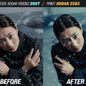 Puede incluir: Imagen dividida que muestra a una persona con un abrigo oscuro y nieve cayendo. El lado izquierdo dice "ANTES" y el derecho "DESPU&Eacute;S". El texto en la parte superior dice "STOCK: KODAK VISION3 200T / PRINT: KODAK 2383".