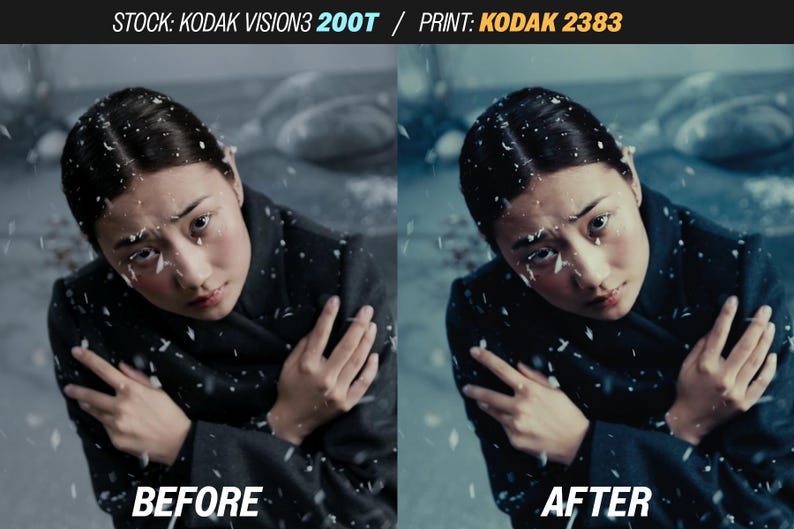 Puede incluir: Imagen dividida que muestra a una persona con un abrigo oscuro y nieve cayendo. El lado izquierdo dice "ANTES" y el derecho "DESPU&Eacute;S". El texto en la parte superior dice "STOCK: KODAK VISION3 200T / PRINT: KODAK 2383".
