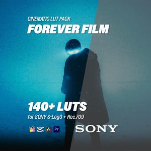 May include: A digital graphic with the text "CINEMATIC LUT PACK FOREVER FILM" in white. Below, it reads "140+ LUTS for SONY S-Log3 + Rec.709". The SONY logo is at the bottom right. A person is silhouetted in the image.