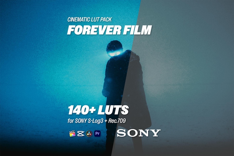 May include: A digital graphic with the text "CINEMATIC LUT PACK FOREVER FILM" in white. Below, it reads "140+ LUTS for SONY S-Log3 + Rec.709". The SONY logo is at the bottom right. A person is silhouetted in the image.