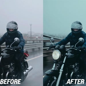 May include: A person riding a black motorcycle on a wet road, wearing a helmet and dark clothing. The image is split, with "BEFORE" on the left and "AFTER" on the right, showing a colour adjustment. The motorcycle has a large headlight.
