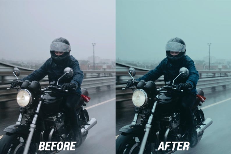 May include: A person riding a black motorcycle on a wet road, wearing a helmet and dark clothing. The image is split, with "BEFORE" on the left and "AFTER" on the right, showing a colour adjustment. The motorcycle has a large headlight.