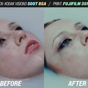 Puede incluir: Imagen dividida que muestra el rostro de una mujer antes y despu&eacute;s de un proceso. La imagen "ANTES" muestra un rostro con maquillaje corrido y pecas visibles. La imagen "DESPU&Eacute;S" muestra el mismo rostro con un tono de color ligeramente diferente. El texto en la parte superior dice "STOCK: KODAK VISION3 500T 85A / PRINT: FUJIFILM 3513DI".