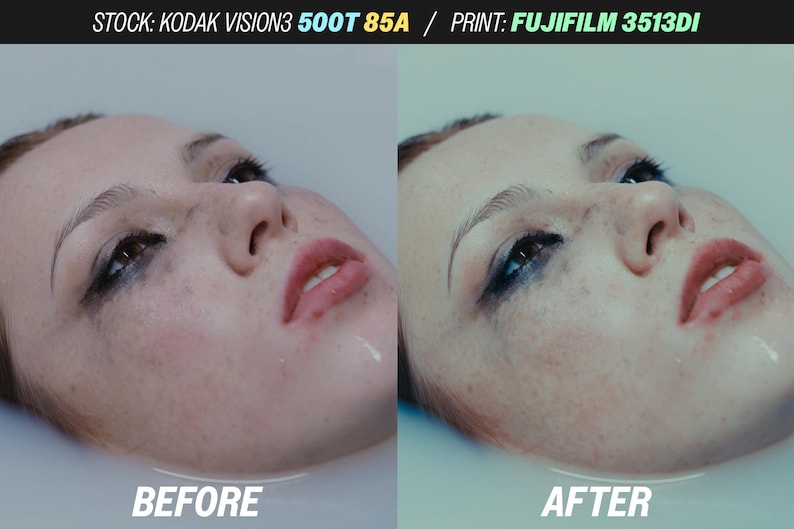 Puede incluir: Imagen dividida que muestra el rostro de una mujer antes y despu&eacute;s de un proceso. La imagen "ANTES" muestra un rostro con maquillaje corrido y pecas visibles. La imagen "DESPU&Eacute;S" muestra el mismo rostro con un tono de color ligeramente diferente. El texto en la parte superior dice "STOCK: KODAK VISION3 500T 85A / PRINT: FUJIFILM 3513DI".