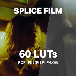 Puede incluir: Una pantalla de producto digital con el texto SPLICE FILM 60 LUTs FOR FUJIFILM F-LOG. El fondo muestra un visual de dos tonos con un lado teñido de amarillo cálido y un lado más frío y desaturado, representando a dos figuras cercanas.