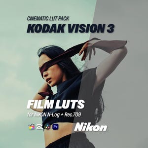 Pode incluir: Imagem promocional de LUTs de filme "KODAK VISION 3" para Nikon N-Log e Rec.709. A imagem apresenta uma pessoa com uma venda nos olhos, com texto: "CINEMATIC LUT PACK", "KODAK VISION 3" e "FILM LUTS". O logotipo da Nikon também é visível.