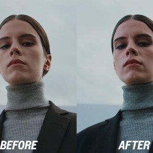 May include: A split image showing a person wearing a gray turtleneck sweater and a black blazer. The text "BEFORE" is on the left side, and "AFTER" is on the right side. The background is a light gray sky.