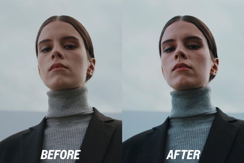 May include: A split image showing a person wearing a gray turtleneck sweater and a black blazer. The text "BEFORE" is on the left side, and "AFTER" is on the right side. The background is a light gray sky.