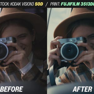 Puede incluir: Comparaci&oacute;n lado a lado de una fotograf&iacute;a antes y despu&eacute;s de la edici&oacute;n. La imagen muestra a una persona sosteniendo una c&aacute;mara plateada, usando un sombrero y una chaqueta estampada. Los textos "BEFORE" y "AFTER" se muestran debajo.