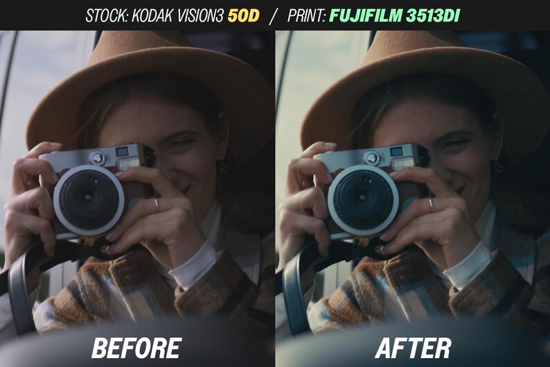 Puede incluir: Comparaci&oacute;n lado a lado de una fotograf&iacute;a antes y despu&eacute;s de la edici&oacute;n. La imagen muestra a una persona sosteniendo una c&aacute;mara plateada, usando un sombrero y una chaqueta estampada. Los textos "BEFORE" y "AFTER" se muestran debajo.