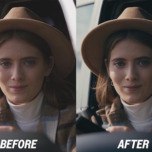 May include: A woman wearing a brown hat and a plaid jacket, with the text "BEFORE" and "AFTER" at the bottom of the image. The woman is in a car, looking towards the camera.