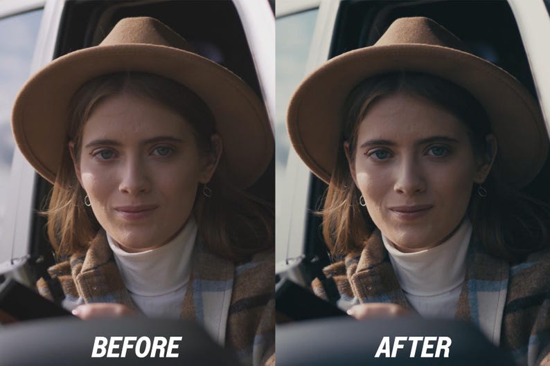 May include: A woman wearing a brown hat and a plaid jacket, with the text "BEFORE" and "AFTER" at the bottom of the image. The woman is in a car, looking towards the camera.