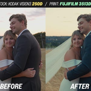 May include: A before-and-after comparison of a wedding photo. The image on the left, labeled "BEFORE," shows a couple embracing. The image on the right, labeled "AFTER," shows the same couple with enhanced colors. The text at the top reads "STOCK: KODAK VISION3 250D / PRINT: FUJIFILM 3513DI."