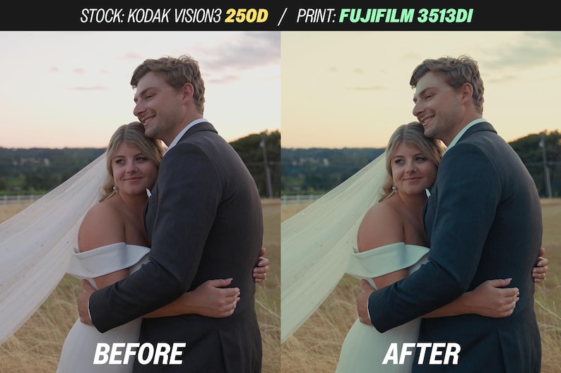 May include: A before-and-after comparison of a wedding photo. The image on the left, labeled "BEFORE," shows a couple embracing. The image on the right, labeled "AFTER," shows the same couple with enhanced colors. The text at the top reads "STOCK: KODAK VISION3 250D / PRINT: FUJIFILM 3513DI."